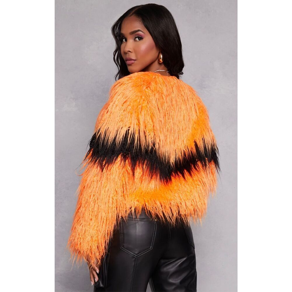 Faux Fur Chevron Striped Jacket - Picture 2 of 10